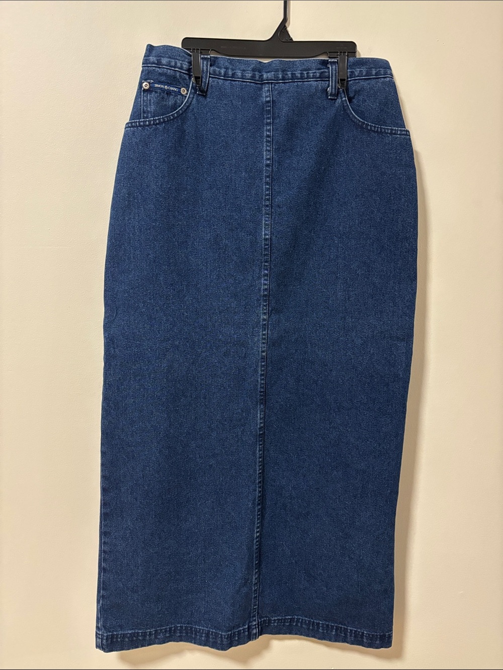 Vintage Simon Chang (12) Dark Wash Denim Maxi Skirt Back Slit 100% Cotton - Picture 14 of 15